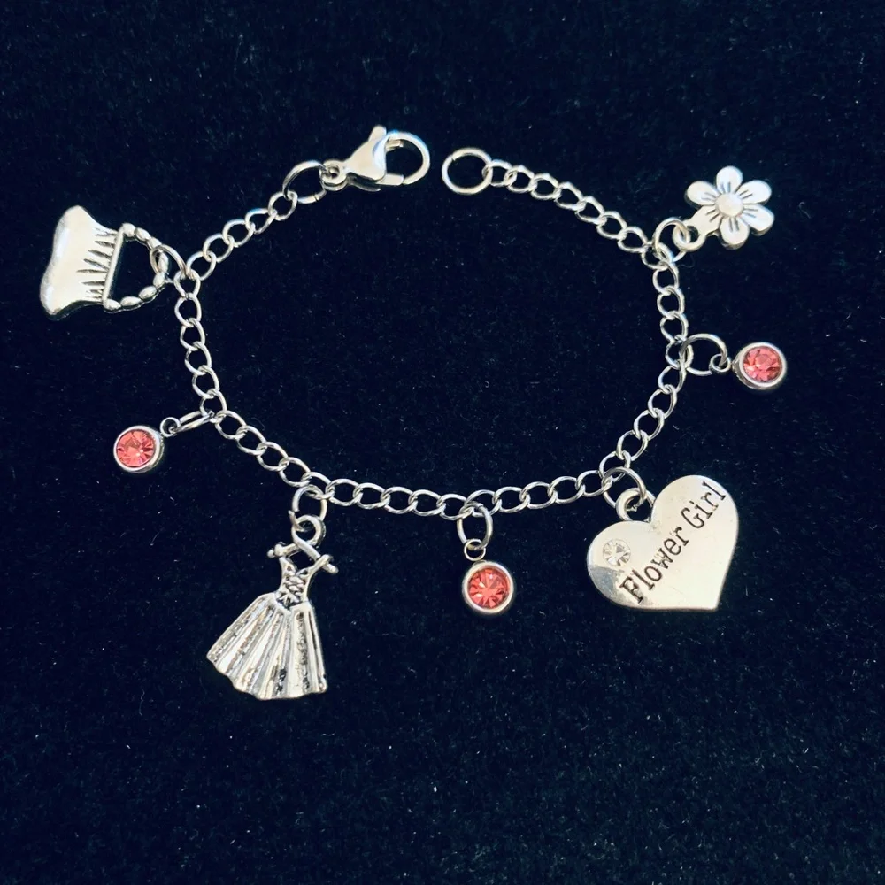Flower Girl Charm Bracelet with pink rhinestone charms